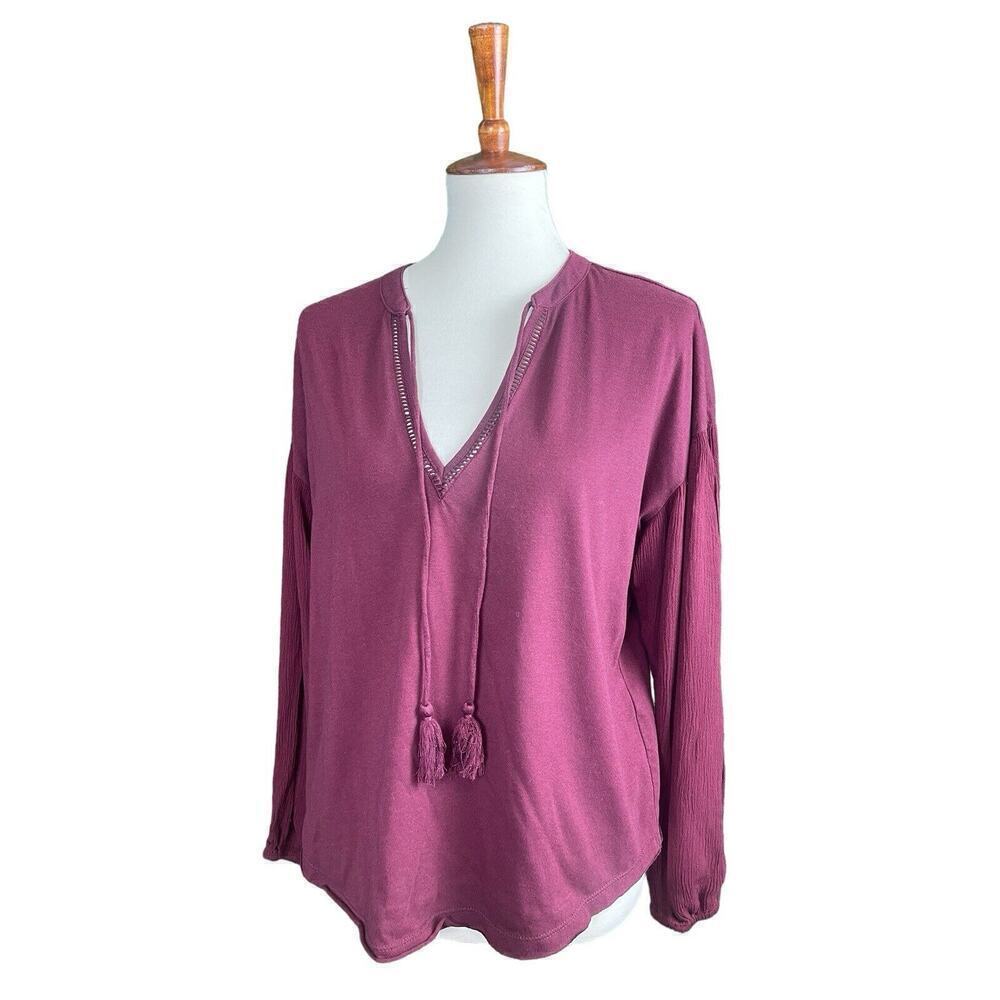 Wonderly Burgundy Red Blouse Sz Large Crepe Sleeves Boho Peasant Top Tassel Tie